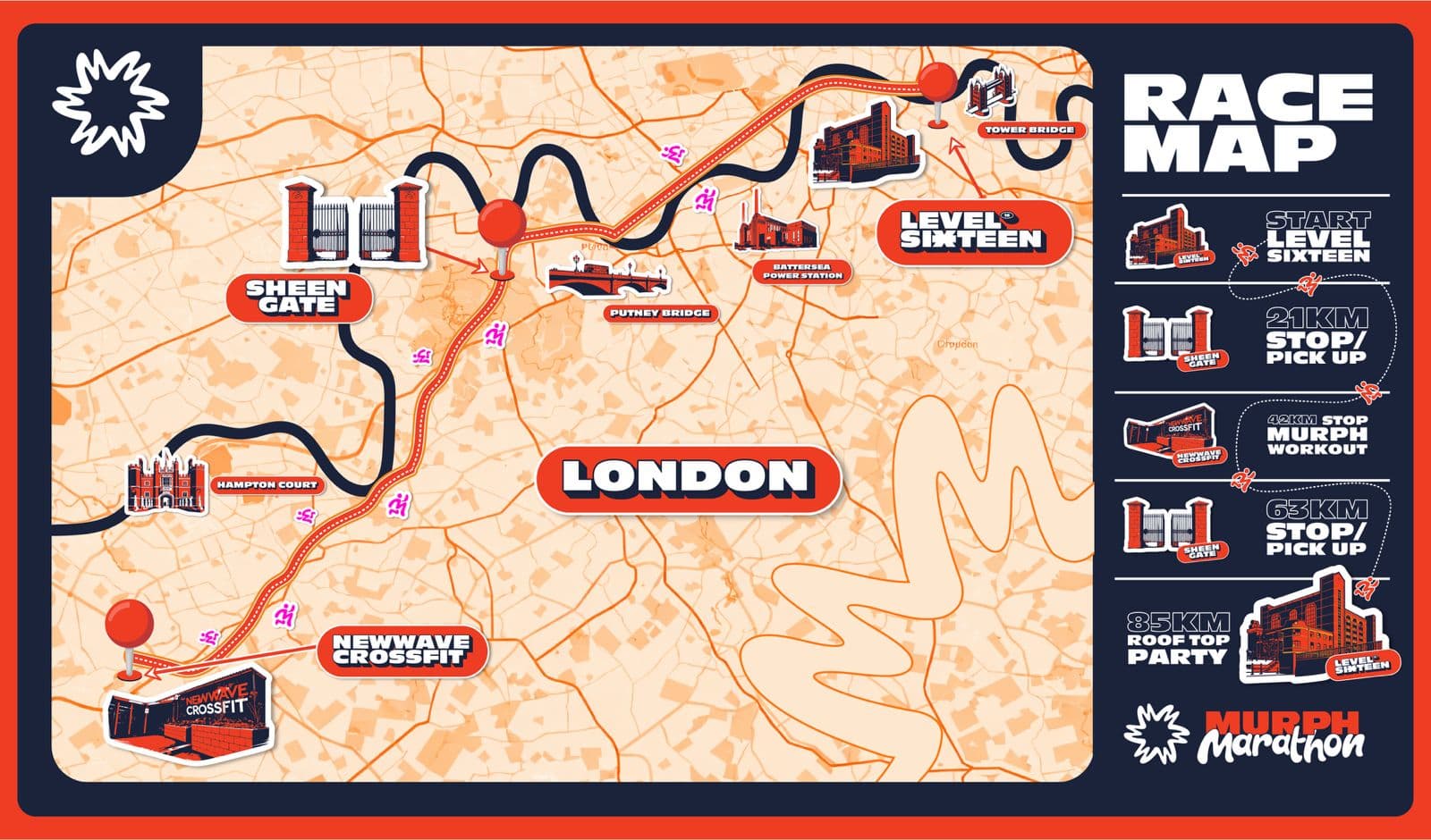 Murph Marathon Race Map — London showing full route through Sheen Gate, Newwave CrossFit Byfleet, and back